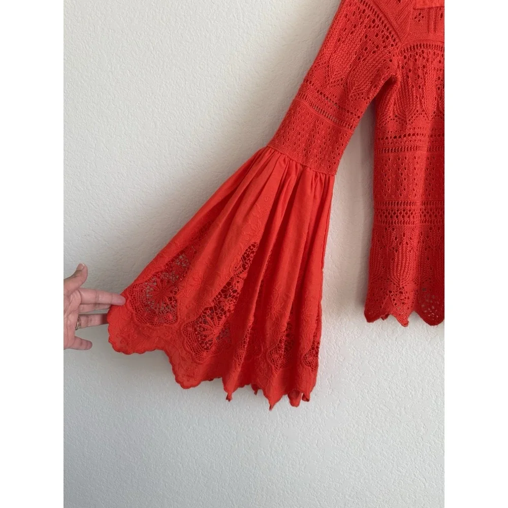 Free People Women's Flare Bell Sleeve Knit Crochet Eyelet Orange Red Size S Boho